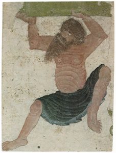 C021 · A giant, bare-chested figure heaving a slab [desc.]
