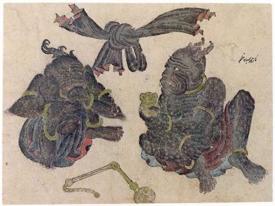 C023 · Two demons crouching beneath a flying cloth [desc.]