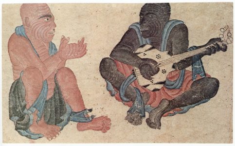 C028 · Two seated men, one playing a stringed instrument [desc.]