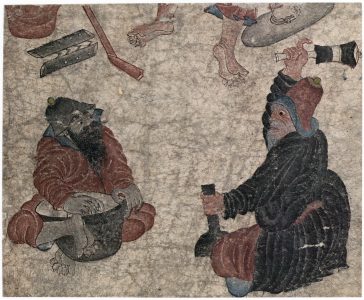 C033 · Two seated men, one with a cauldron [desc.]