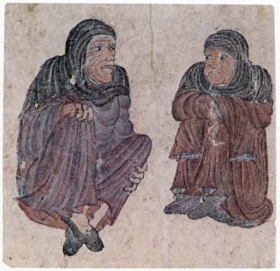 C041 · Two seated, hooded figures [desc.]