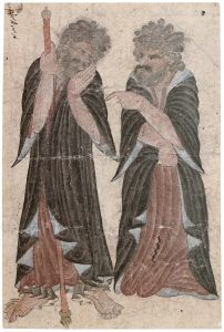 C069 · Two old men in long cloaks, one with a staff [desc.]