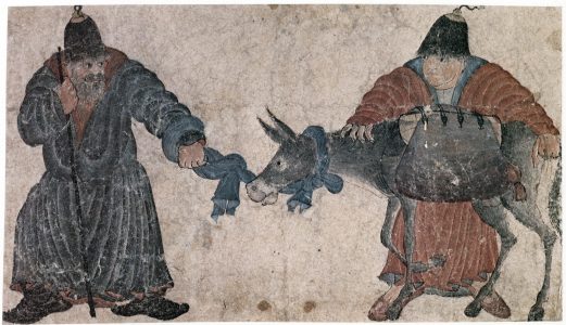C122 · Two men with a loaded donkey [desc.]