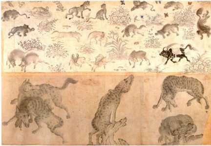 C155 · Spotted canines (wolves or hyenas) (lower sheet of "Siyah Qalam Folio 8 Recto") [desc.]